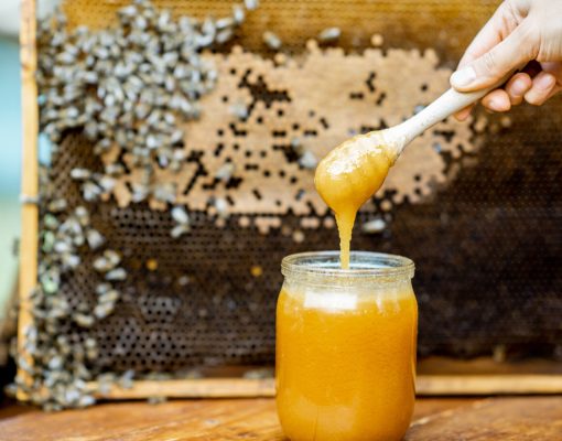 Jar with fresh honey on the beehive with honeycomb on the background